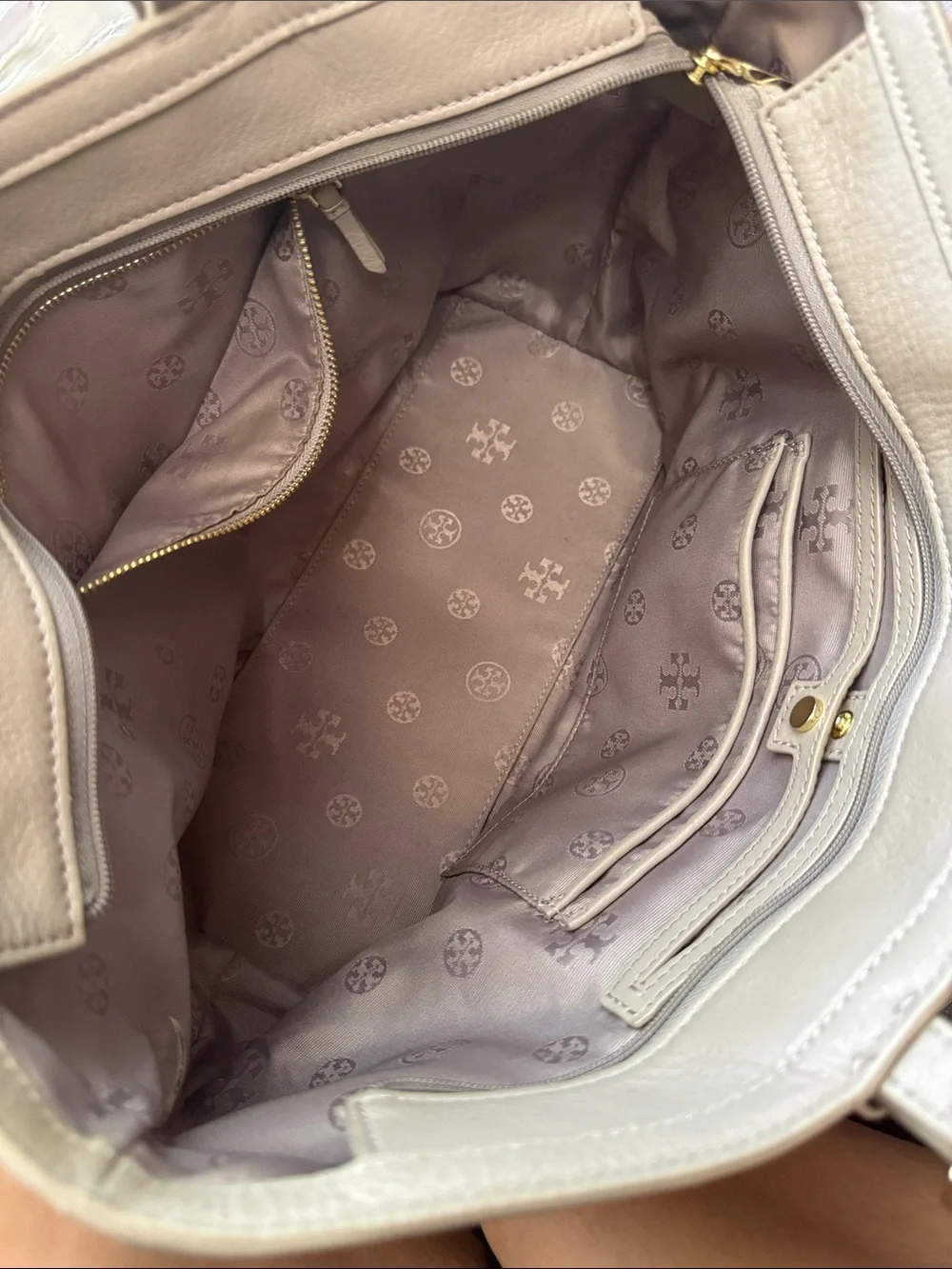 Tory Burch gray Pebbled Leather Tote with Gold Logo